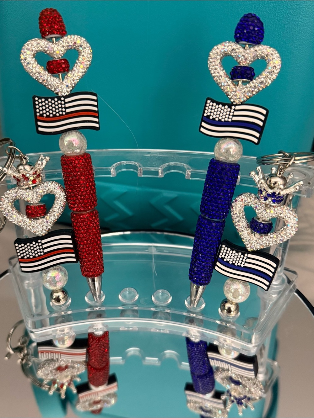 Decorative Rhinestone Heart Pen with Flag Accent - Red or Blue